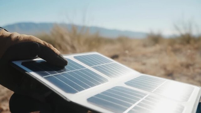 Portable mobile solar generator panel held by gloved hand in dry outdoor desert landscape with mountains and clear sky for clean energy use