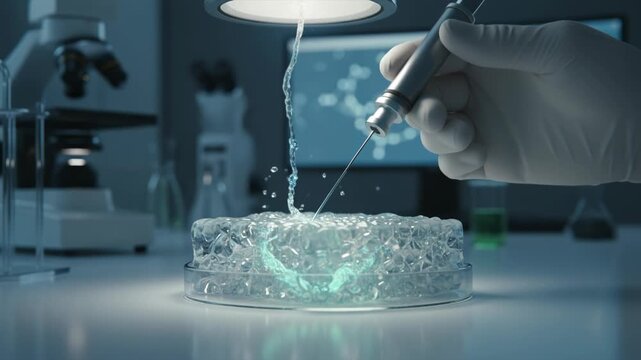 Nanotech medicine technology advances laboratory research with precise liquid injection into petri dish showcasing innovative scientific healing