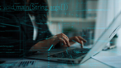 A focused individual typing on a laptop, surrounded by overlaid coding elements, emphasizes the intersection of technology, programming, and modern digital work environments. Xenic