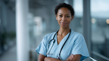 Hyperrealistic commercial stock photo of a Black female nurse (age 25-35) standing in a bright modern hospital corridor with large glass windows, wearing clean light blue medical s