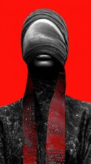Abstract Portrait of Mysterious Figure in Bandages Against Bold Red Background