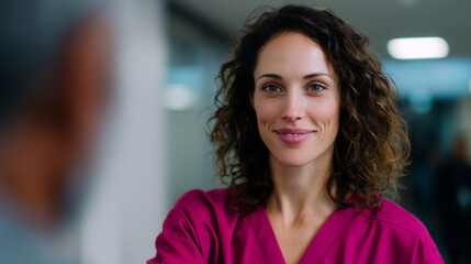 Hyperrealistic commercial stock photo: Latina nurse (25-35) shaking hands with one adult patient in modern hospital corridor, friendly smile, sharp eyes BOTH EYES visible symmetric
