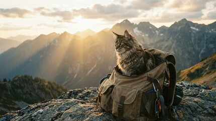 A lone cat perched on a rugged mountain ridge beside a hiking backpack as the sun breaks through the valley, golden beams lighting distant peaks and inviting adventure