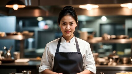 Asian female chef in professional kitchen setting