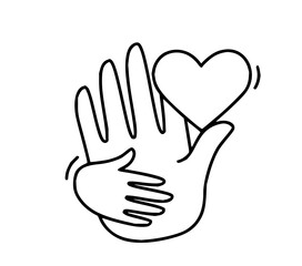 Obraz premium Minimalist outline illustration of caring hands holding a heart, symbolizing love, support, and protection within family or community relationships