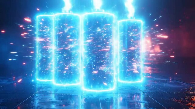 Futuristic energy storage concept featuring glowing cylindrical batteries with neon outlines and dynamic particles.