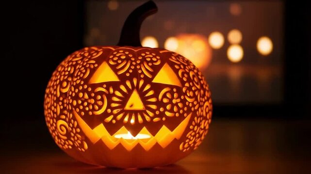 Glowing carved pumpkin with intricate patterns, creating a spooky Halloween atmosphere.