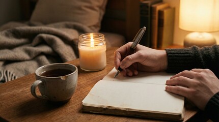 Person writing in a warm cozy workspace at night, with a notebook, coffee mug, and candle on a wooden desk, creating a calm atmosphere for journaling and planning