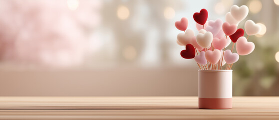 A charming bouquet of heart-shaped decorations in shades of pink and red, presented in a minimalist vase, perfect for expressing love and affection.