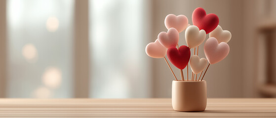 A charming arrangement of colorful heart-shaped decorations in a pot, creating a warm and cozy atmosphere, perfect for expressing love.