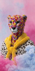 Fototapeta premium Colorful pom-pom leopard in yellow scarf amidst pink and blue smoke