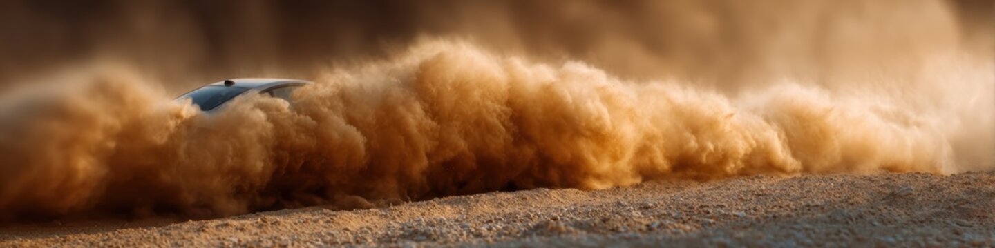 rally car web banner, vibrant web banner featuring a rally car drifting on a desert track, with a detailed car on the left and a golden dust plume filling the rest ideal for overlaying text in bright