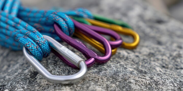 rock climbing equipment, a flat lay of rock climbing gear on granite, showing carabiners, climbing rope, and a camming device in high resolution