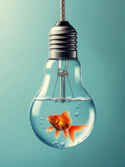 Goldfish Swimming in Hanging Glass Lightbulb on Blue Background