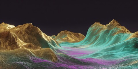 Colorful digital landscape with vibrant mountains and neon waves