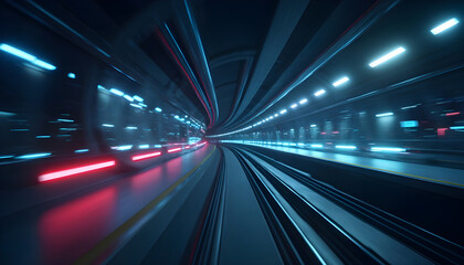 Fototapeta premium Futuristic subway tunnel speeding along underground railway tracks with bright neon lights and motion blur in a cinematic 3D animation, representing fast urban transportation.