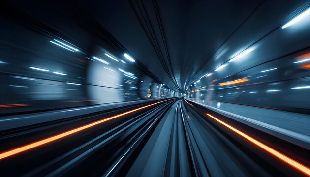 Futuristic subway tunnel speeding along underground railway tracks with bright neon lights and motion blur in a cinematic 3D animation, representing fast urban transportation.