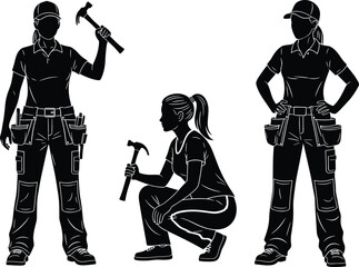 Black silhouette of female construction workers and carpenters wearing tool belts and holding hammers for home renovation and professional labor