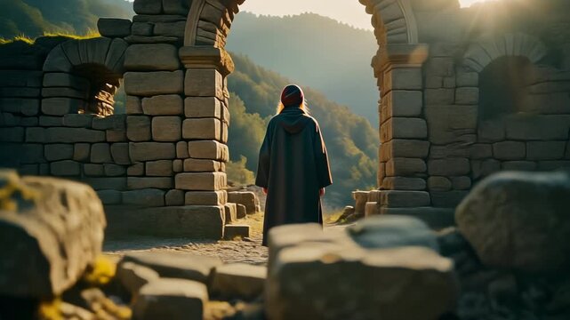 Mysterious cloaked figure standing among ancient stone ruins at sunrise. Solitary traveler on a fantasy quest overlooking a vast mountain valley. Epic journey and adventure concept