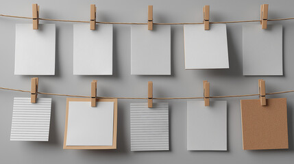 A collection of blank and lined paper sheets, hung with clothespins on a string against a soft gray background, creating a simple, aesthetic display.