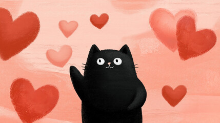 A cute black cat waves against a soft pink background adorned with colorful hearts, radiating warmth and affection.