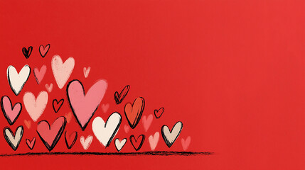 A vibrant red background adorned with playful hearts in various shades and styles, radiating love and positivity.