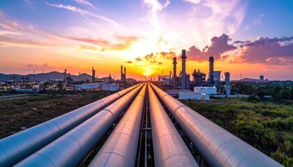 Fototapeta premium Industrial landscape with pipelines at sunset.