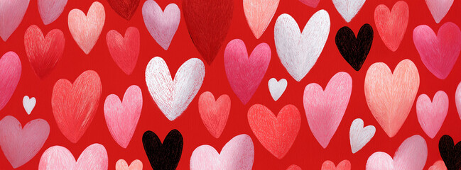 A vibrant pattern featuring a variety of colorful hearts against a bold red background, symbolizing love and affection.