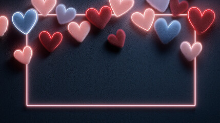 A vibrant display of glowing, fuzzy hearts on a dark textured background, framed by a glowing neon outline, evoking love and warmth.