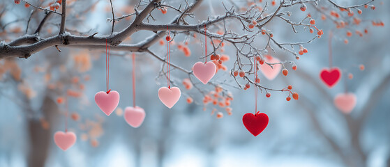 A beautiful winter scene featuring delicate heart decorations hanging from frosted branches, creating a serene and romantic atmosphere amidst soft pastel hues.