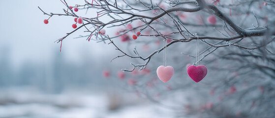 A serene winter scene featuring two hanging heart decorations amidst frosty branches and soft-focus red berries, evoking love and tranquility.