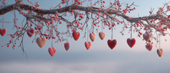 A beautifully frosted tree branch adorned with vibrant, hanging heart decorations, evoking warmth and love against a serene backdrop.