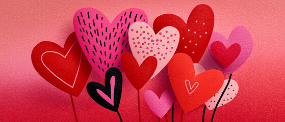 A vibrant display of colorful hearts in various shades and patterns, set against a pink gradient background, celebrating love and affection.