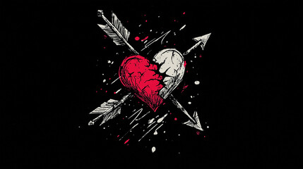 A striking illustration of a broken heart in red and white, crossed by arrows, set against a stark black background, symbolizing love and pain.