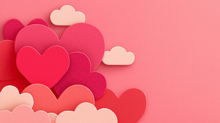 A vibrant array of colorful hearts in shades of pink and red, accompanied by soft clouds against a textured pink background, radiating warmth and love.