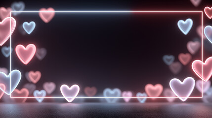 A vibrant background featuring glowing hearts in pink and blue hues, framed by a sleek white outline, perfect for romantic themes and celebrations.