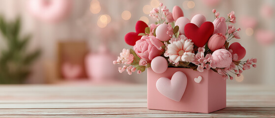 A vibrant pink floral arrangement featuring hearts and blossoms in a decorative box, perfect for celebrating love and special occasions.