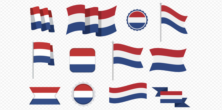 Collection of various Netherlands flag designs and shapes, including waving flags, banners, and circular emblems.