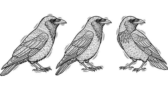 Detailed artistic illustration of three rooks in line drawing style