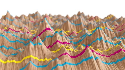 Abstract rendering of a topographical landscape with colorful lines indicating data flow and peaks