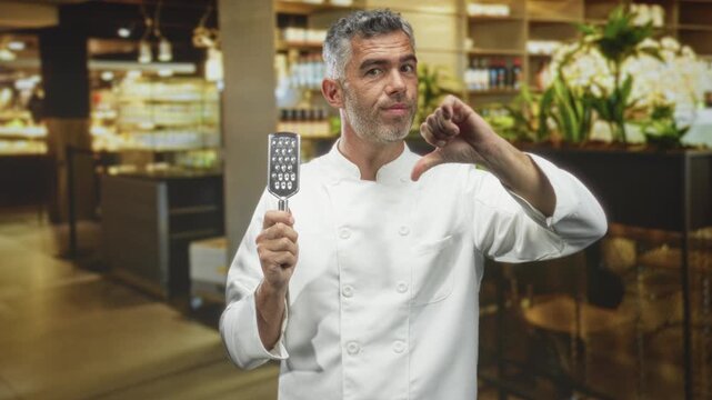 Chef man, middle aged with grey hair, holds a perforated metal spatula and displays thumb down gesture in a building kitchen aisle; disapproval critique.