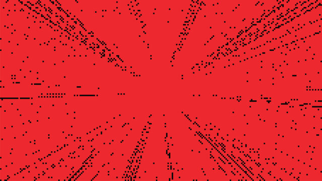 Dynamic red starburst explosion with black pixelated radial lines spreading from the center for high energy action background Vector Illustration