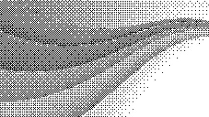 Abstract flowing wave layers with black and white pixel dithered textures creating a sophisticated monochrome digital landscape Vector Illustration