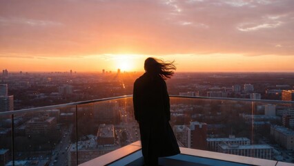 Fototapeta premium Silhouette of woman at sunset overlooking cityscape from rooftop