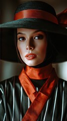 Elegant Woman in Striped Attire and Red Accents Wearing Wide Brim Hat