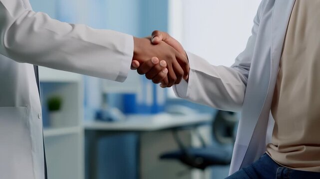 Healthcare workers, one wearing a white lab coat, shaking hands, establishing a professional partnership and agreement in a clinic or lab setting, symbolizing collaboration and trust in medical care