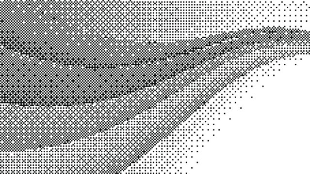Abstract flowing wave layers with black and white pixel dithered textures creating a sophisticated monochrome digital landscape Vector Illustration