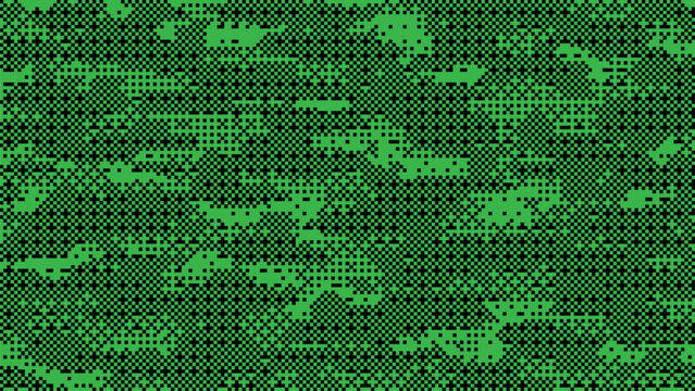 Abstract green digital camouflage pattern with black pixel dithered textures and distorted noise blocks for modern military tech Vector Illustration