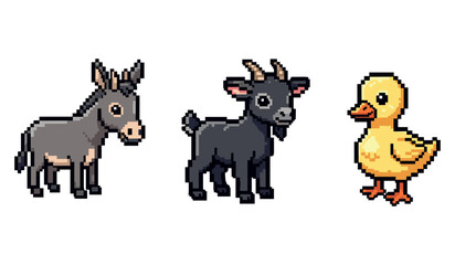 Obraz premium Pixel art trio: donkey, goat, and duck on white background