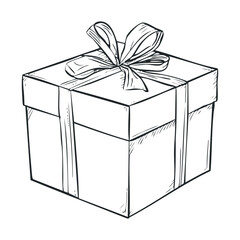 Obraz premium Classic hand drawn gift box with decorative ribbon bow perfect for holiday shopping advertisements, birthday announcements, or special event promotions